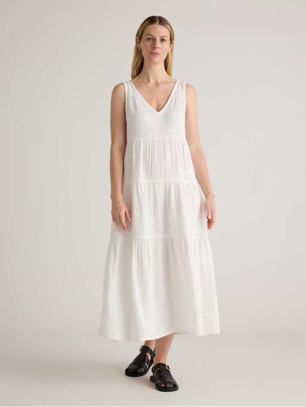 NWT Quince 100% Organic Cotton White Gauze Tiered Maxi Dress Oversized Medium